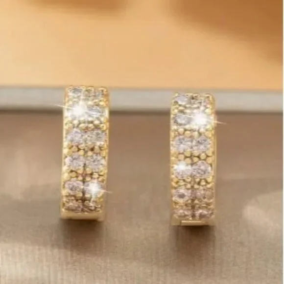 14k Gold Plated Simulated Diamond Huggie Hoop Earrings - Picture 3 of 6